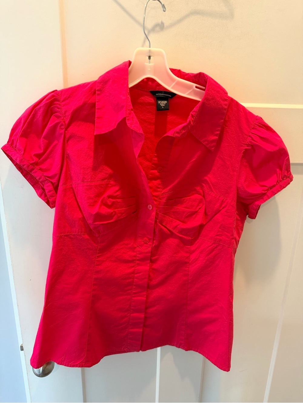 Moda International Pink Puff Sleeve Button Front Blouse Large Y2K